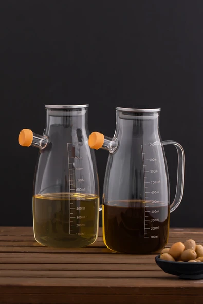 Porsima 2092 2li Metal Kapaklı Vakumlu Ölçekli Borosilikat Cam Yağdanlık Yağlık Sirkelik 1000+1000ml - Resim 2