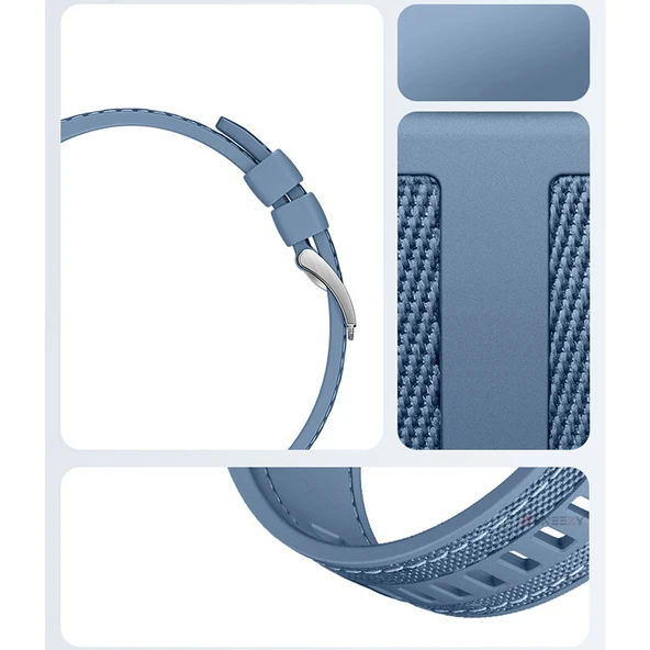 Sneezy Huawei Watch GT6 46mm ile Uyumlu Metal Tokalı Dikiş Detaylı Şık Dokuma Silikon Kordon  Mavi - Resim 5