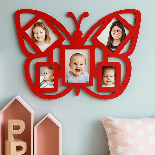 Duvar Fotoğraf Çerçevesi Kelebek Desenli Çocuk Odası Fotoğraf Çerçeve Ahşap 5 Fotoğraf Kapasiteli Pano Kırmızı