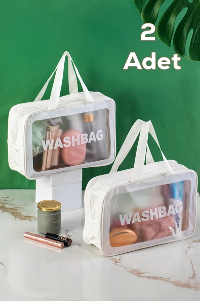 Porsima 3142-1 2li Şeffaf - Beyaz Seyahat ve Makyaj Çantası Su Geçirmez Organizer Washbag 20x30cm ürün görseli 1