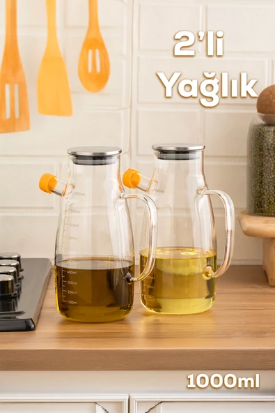 Porsima 2092 2li Metal Kapaklı Vakumlu Ölçekli Borosilikat Cam Yağdanlık Yağlık Sirkelik 1000+1000ml ürün görseli