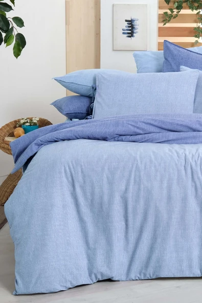 Montes Mavi Çift Kişilik %100 Pamuk Fancy Poplin Nevresim Takımı - Resim 3