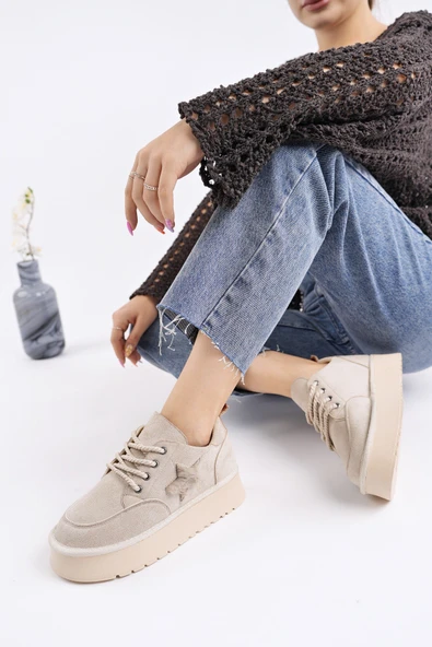 Muggo KOZMOS Kalın Taban Bağcıklı Yıldız Detaylı Kadın Kışlık Sneaker Spor Ayakkabı - 4