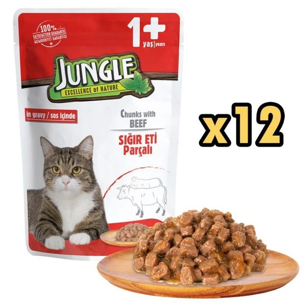 Jungle Pouch Dana Eti Parçalı Soslu Yetişkin Kedi Konservesi 100 gr X 12 Adet ürün görseli 1
