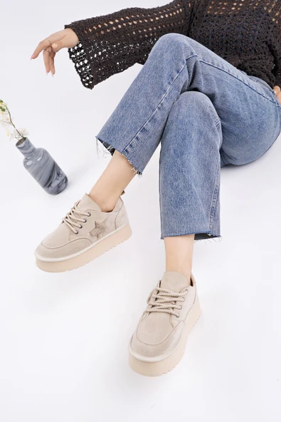 Muggo KOZMOS Kalın Taban Bağcıklı Yıldız Detaylı Kadın Kışlık Sneaker Spor Ayakkabı - 6