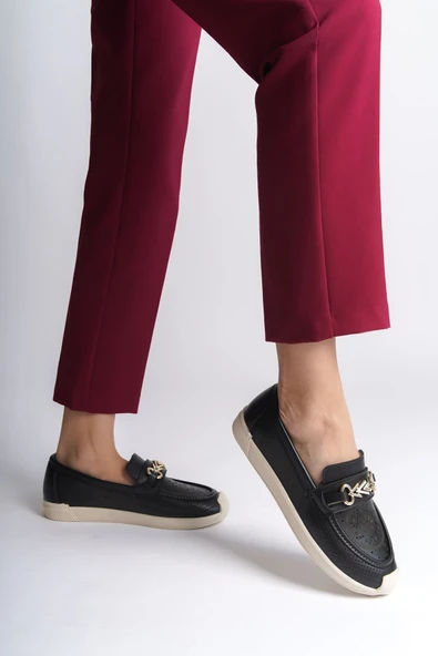 LILY Bağcıksız Ortopedik Rahat Taban Çiçek Desenli Kadın Babet Ayakkabı  CKT - Siyah