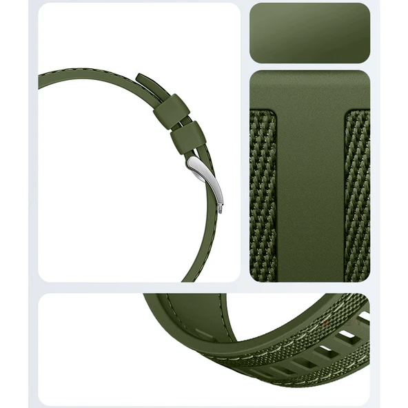 Sneezy Huawei Watch GT6 46mm ile Uyumlu Metal Tokalı Dikiş Detaylı Şık Dokuma Silikon Kordon  Haki - Resim 5