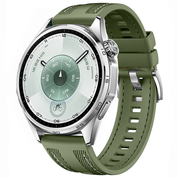 Sneezy Huawei Watch GT6 46mm ile Uyumlu Metal Tokalı Dikiş Detaylı Şık Dokuma Silikon Kordon  Haki ürün görseli