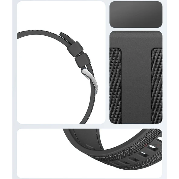 Sneezy Huawei Watch GT6 46mm ile Uyumlu Metal Tokalı Dikiş Detaylı Şık Dokuma Silikon Kordon  Siyah - Resim 5