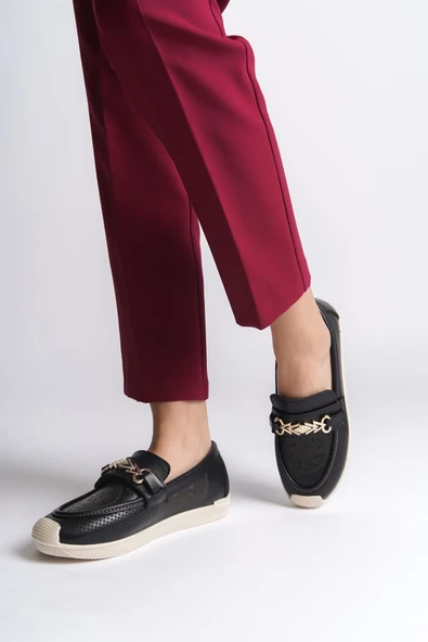 LILY Bağcıksız Ortopedik Rahat Taban Çiçek Desenli Kadın Babet Ayakkabı  CKT - Siyah - 3