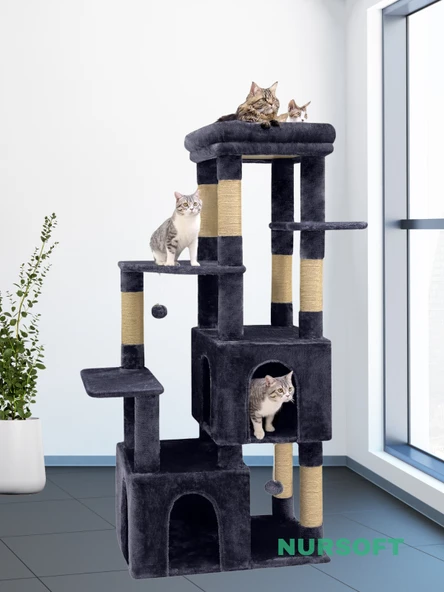 Çok Katlı Ponponlu Tırmalamalı Teraslı Lüx Kedi Oyun Evi Nursoft-0108 ürün görseli