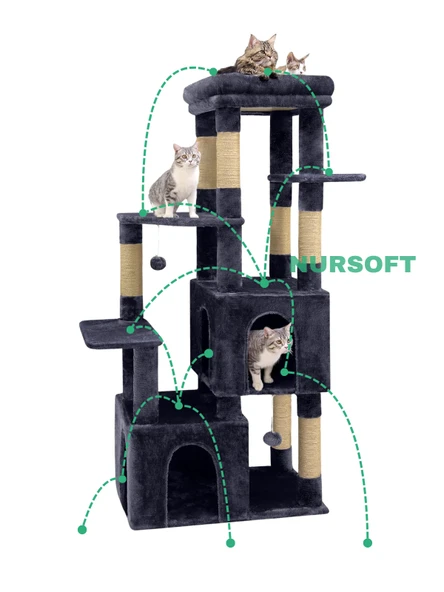 Çok Katlı Ponponlu Tırmalamalı Teraslı Lüx Kedi Oyun Evi Nursoft-0108 - Resim 3