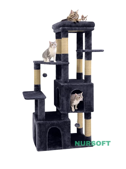 Çok Katlı Ponponlu Tırmalamalı Teraslı Lüx Kedi Oyun Evi Nursoft-0108 - Resim 2