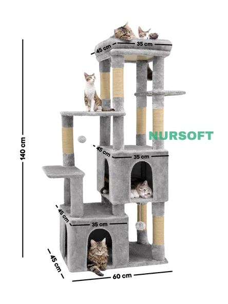 Çok Katlı Ponponlu Tırmalamalı Teraslı Lüx Kedi Oyun Evi Nursoft-0108 - Resim 4