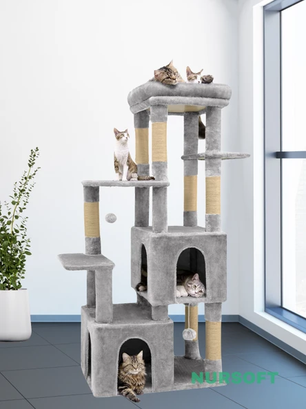 Çok Katlı Ponponlu Tırmalamalı Teraslı Lüx Kedi Oyun Evi Nursoft-0108 ürün görseli