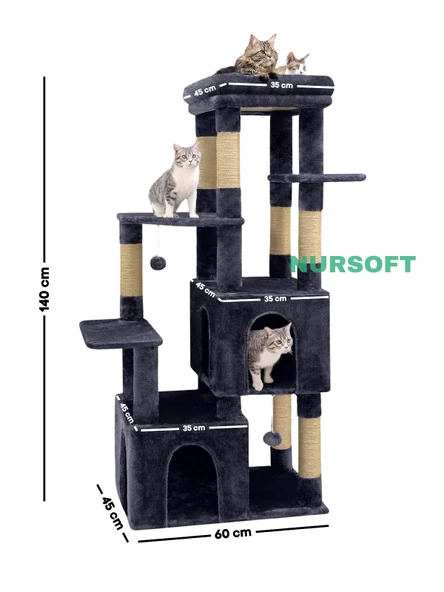 Çok Katlı Ponponlu Tırmalamalı Teraslı Lüx Kedi Oyun Evi Nursoft-0108 - Resim 4