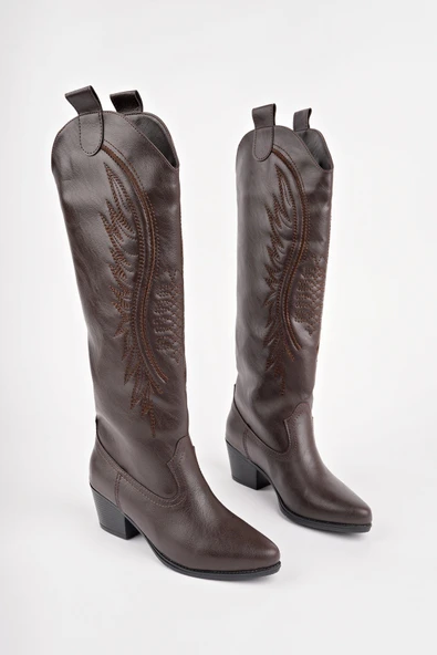 Muggo RODEO Dikiş Detaylı Kalın Topuklu Kovboy Kadın Çizme