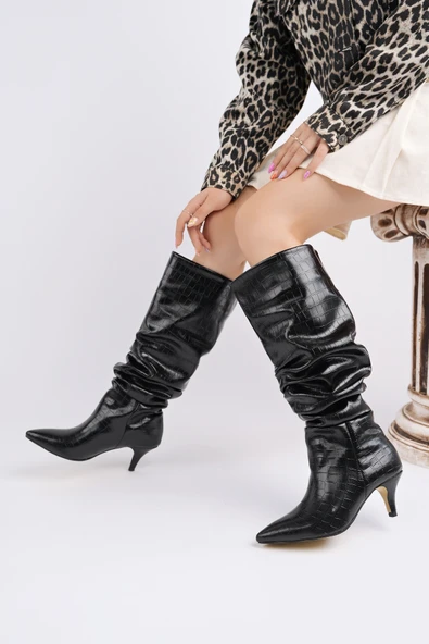 Muggo RUMBA Sivri Burun Kırışık Kroko Desenli İnce Topuklu Kadın Çizme - 9