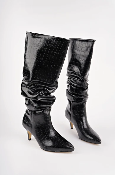 Muggo RUMBA Sivri Burun Kırışık Kroko Desenli İnce Topuklu Kadın Çizme - 11