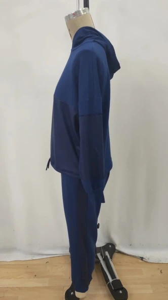 Kadın Uzun Kollu Kapşonlu Viskon Iki Iplik Bluz Ve Pantolon Ikili Takım - Resim 5