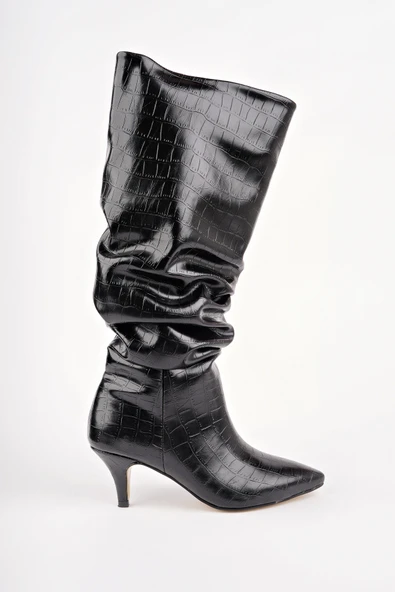 Muggo RUMBA Sivri Burun Kırışık Kroko Desenli İnce Topuklu Kadın Çizme - 10