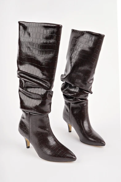 Muggo RUMBA Sivri Burun Kırışık Kroko Desenli İnce Topuklu Kadın Çizme - 6