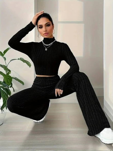 Kadın Uzun Kollu Balıkçı Yaka Krop Ve Pantolon şardonlu Kaşkorse Ikili Takım - Resim 4