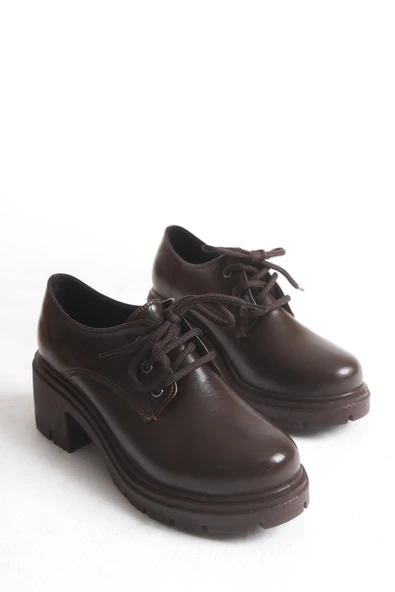 K-707 Kahve Kırışık Rugan Yüksek Tabanlı Bağcıklı  Loafer Ayakkabı - Resim 9