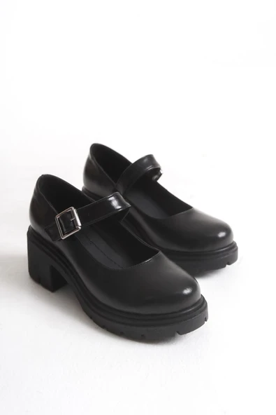 K-708 Siyah Kırışık Rugan Tokalı Yüksek Tabanlı Loafer Ayakkabı - 4