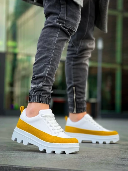 KB-056 Kuback Beyaz Sarı Detaylı Beyaz Yüksek Taban Günlük Spor Ayakkabı - Resim 4