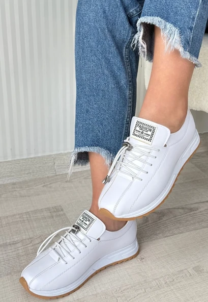 Monya Beyaz Cilt Bağcıklı Spor Ayakkabı - Resim 3