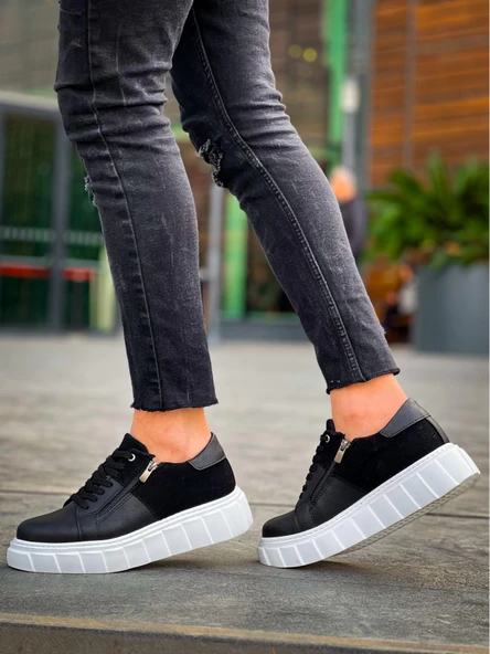 KB-X155 Kuback Siyah Cilt Siyah Süet Detaylı Beyaz Yüksek Taban Günlük Spor Ayakkabı - Resim 4