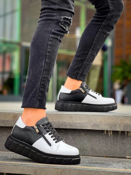 KB-X155 Kuback Beyaz Cilt Siyah Cilt Detaylı Siyah Yüksek Taban Günlük Spor Ayakkabı - Resim 2