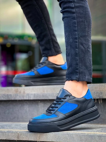 KB-X8 Kuback Siyah Cilt Mavi Süet Detaylı Siyah Yüksek Taban Günlük Spor Ayakkabı - Resim 3