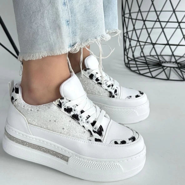 Lawin Beyaz Cilt Beyaz Simli Bağcıklı Spor Ayakkabı - Resim 4