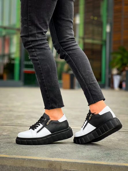 KB-X155 Kuback Beyaz Cilt Siyah Cilt Detaylı Siyah Yüksek Taban Günlük Spor Ayakkabı - Resim 5