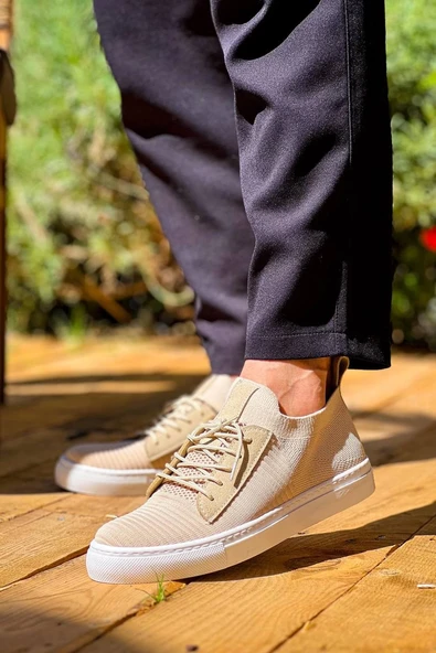 KB-110 Kuback Bej Triko Yüksek Taban Bağcıklı Günlük Erkek Ayakkabı - Resim 2