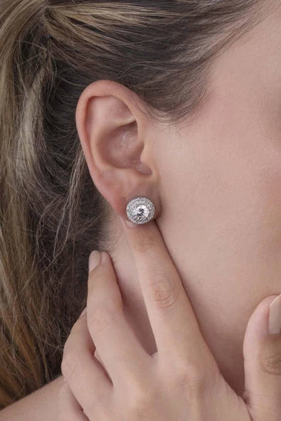 Gümüş Pazarım Yuvarlak Kesim Elmas Montür Beyaz Altın Kaplama Tektaş Kadın Gümüş Küpe - 3