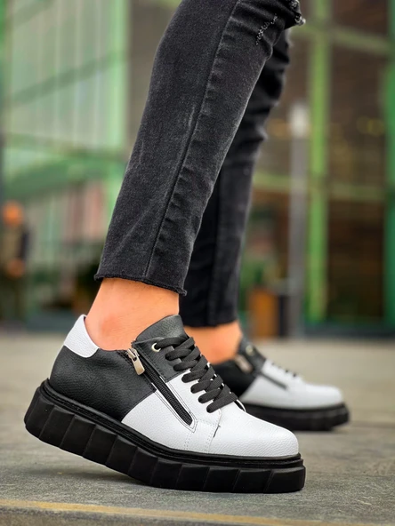 KB-X155 Kuback Beyaz Cilt Siyah Cilt Detaylı Siyah Yüksek Taban Günlük Spor Ayakkabı - Resim 4