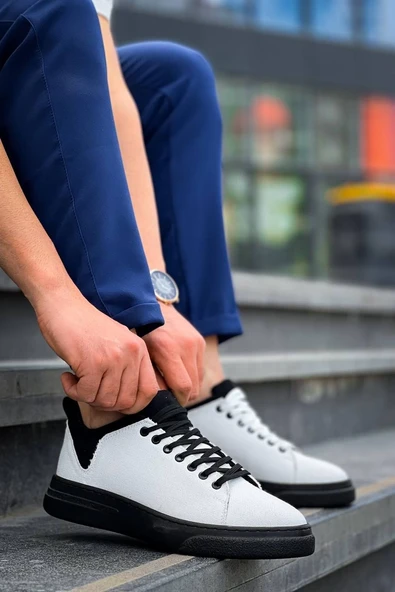 KB-X204 Kuback Beyaz Siyah Keten Siyah Yüksek Taban Günlük Erkek Spor Ayakkabı - Resim 5