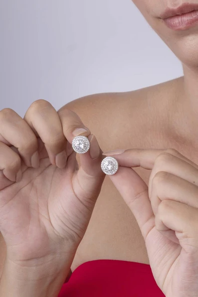 Gümüş Pazarım Yuvarlak Kesim Elmas Montür Beyaz Altın Kaplama Tektaş Kadın Gümüş Küpe - 2