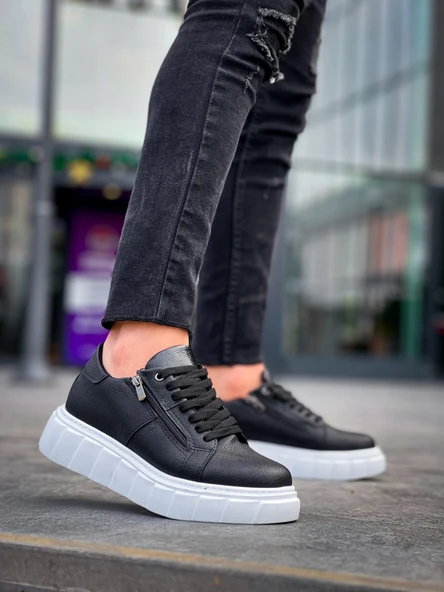 KB-X155 Kuback Siyah Cilt Detaylı Beyaz Yüksek Taban Günlük Spor Ayakkabı - Resim 3