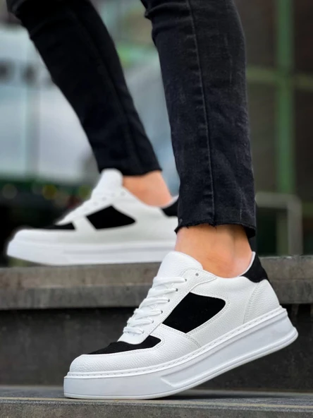 KB-X8 Kuback Beyaz Siyah Cilt Yüksek Taban Günlük Spor Ayakkabı - Resim 2