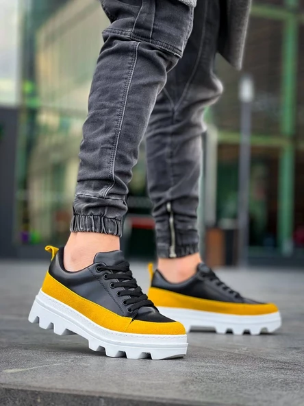 KB-056 Kuback Siyah Sarı Detaylı Beyaz Yüksek Taban Günlük Spor Ayakkabı - Resim 2