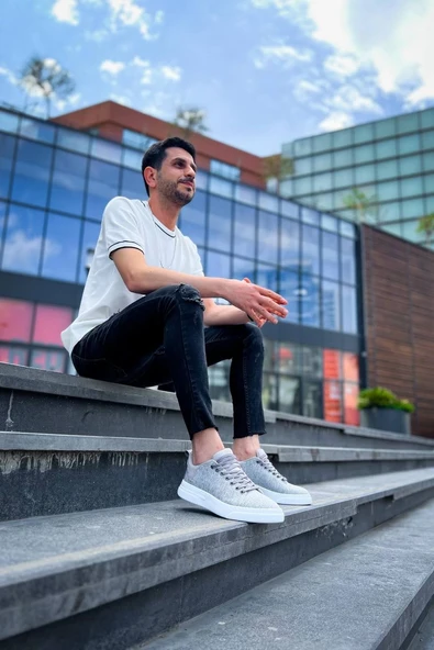 KB-X204 Kuback Gri Keten Beyaz Yüksek Taban Günlük Erkek Spor Ayakkabı - Resim 3