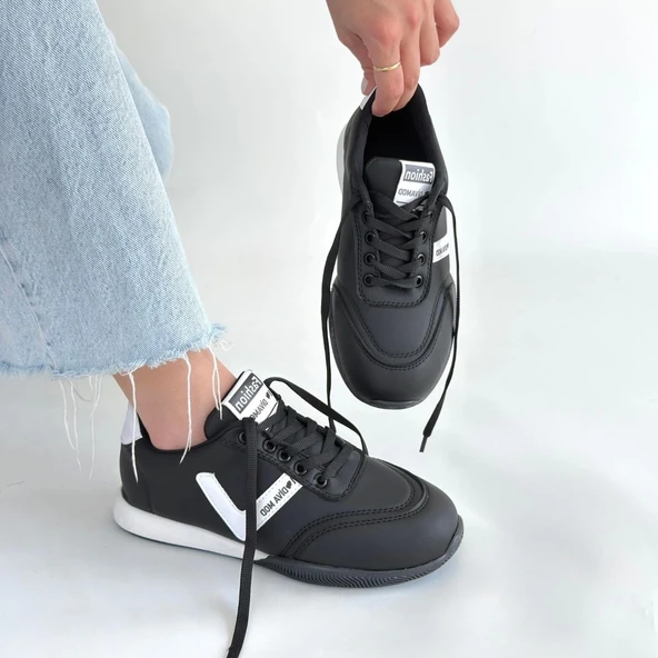 Jowen Siyah Cilt Beyaz Detaylı Bağcıklı Spor Ayakkabı - Resim 4