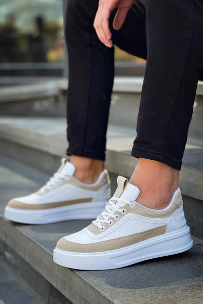 KB-006 Kuback Beyaz Cilt Bej Süet Yüksek Taban Bağcıklı Günlük Erkek Ayakkabı - Resim 2