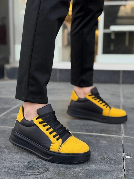 KB-X46 Kuback Siyah Sarı Yüksek Siyah Taban Günlük Spor Ayakkabı - Resim 3