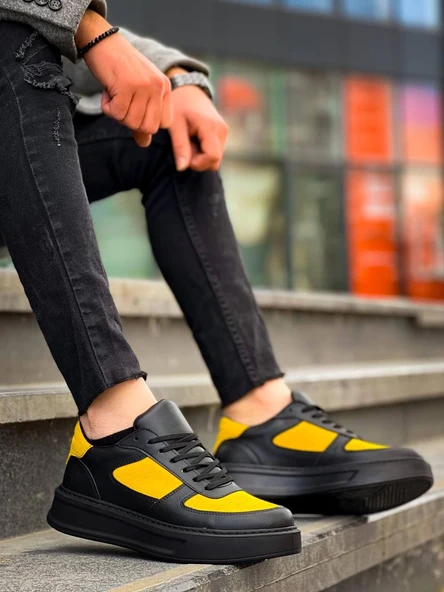 KB-X8 Kuback Siyah Sarı Cilt Yüksek Taban Günlük Spor Ayakkabı - Resim 6