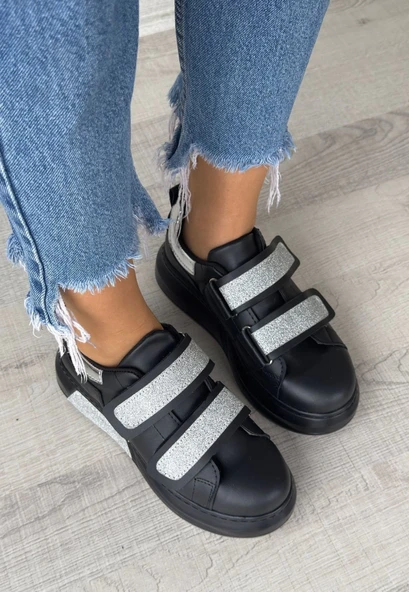 Nino Siyah Cilt Simli Cırt Cırtlı Spor Ayakkabı ürün görseli